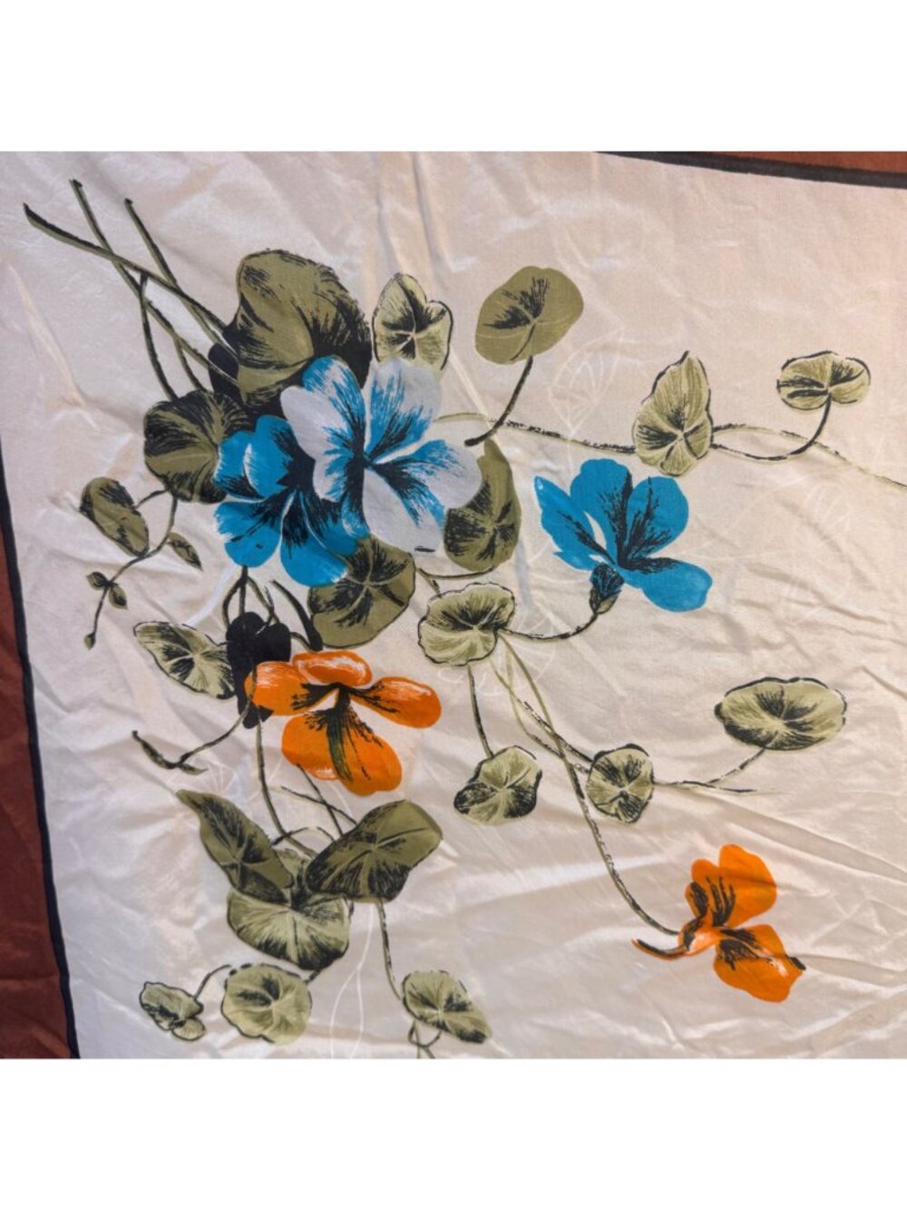 Vintage Floral cream Silk Scarf With Brown Border, Blue and Orange Flowers chic - Picture 4 of 5